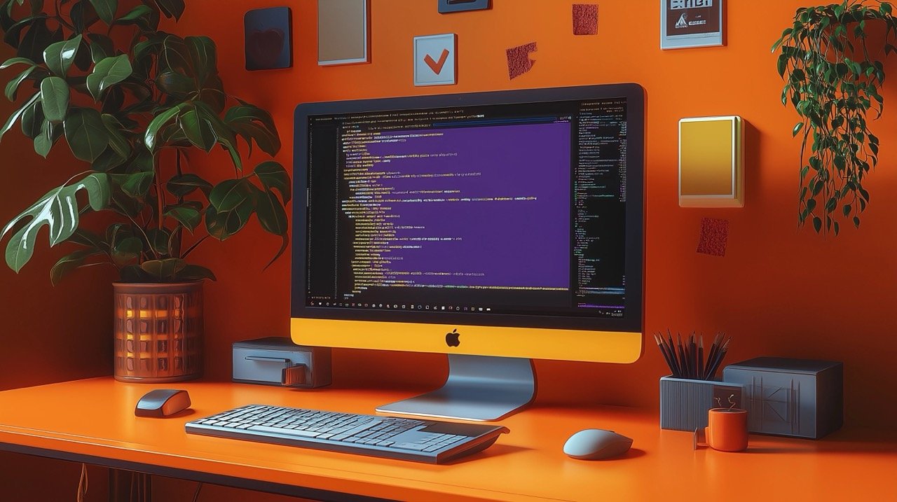 Yellow and Steel Orange Background Computer Desk with Developer Coding CSS, PHP, HTML, JavaScript Languages.