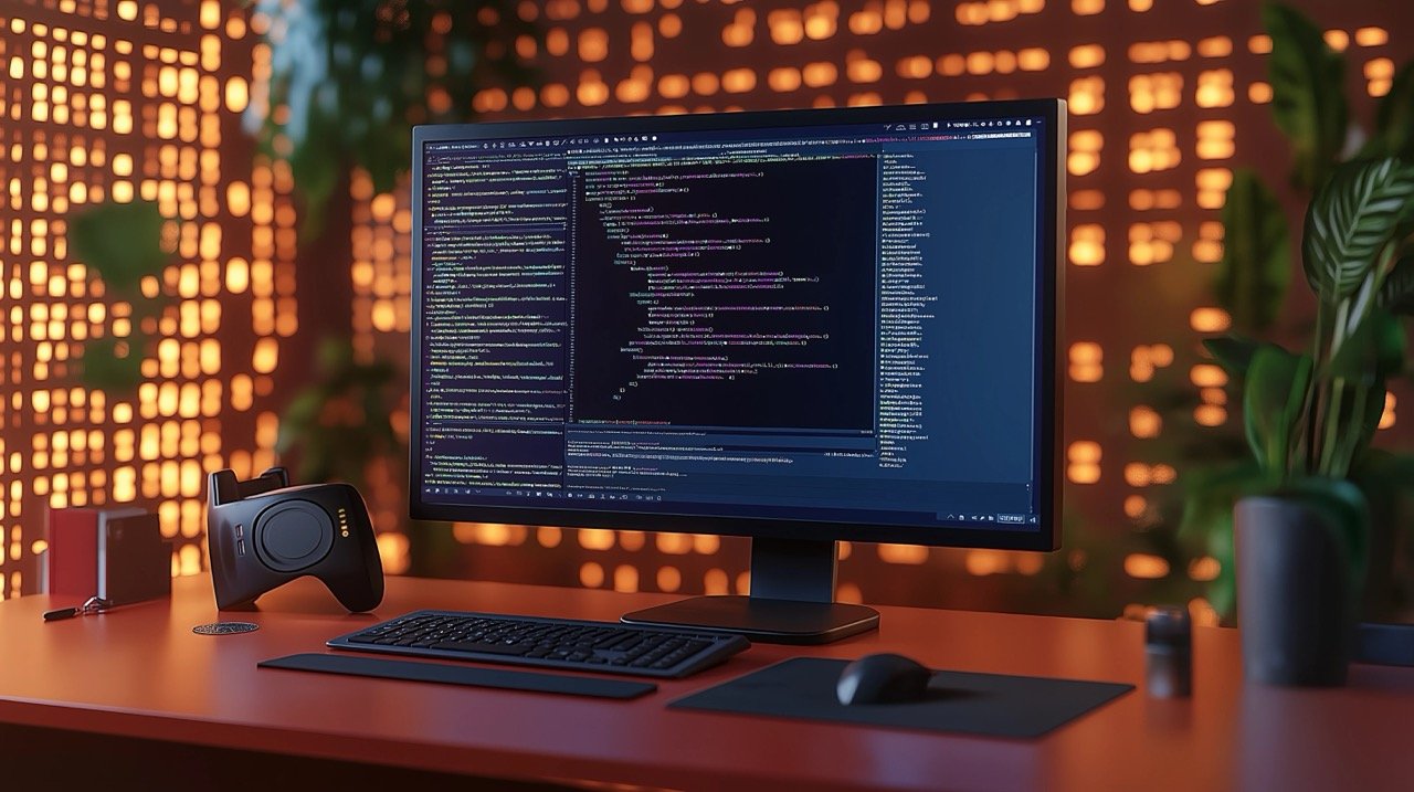 Yellow and Steel Orange Computer on Desk with Developer Coding CSS, PHP, HTML, JavaScript Programming Languages.