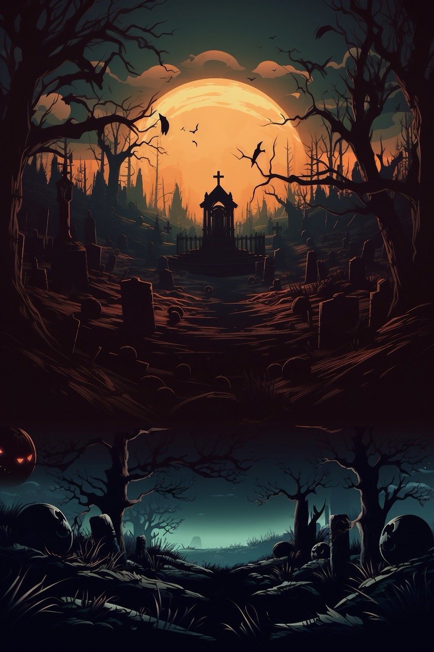 A Halloween night backdrop featuring a spooky graveyard and a full moon