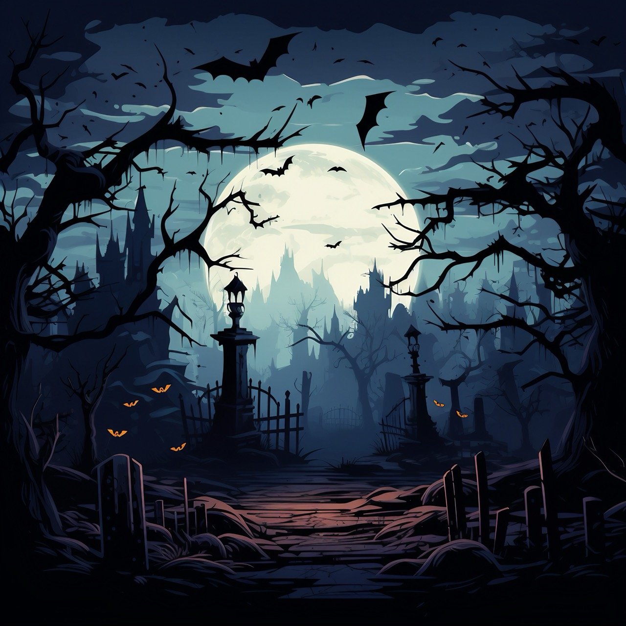 A Halloween night scene with a frightening graveyard and a bright full moon