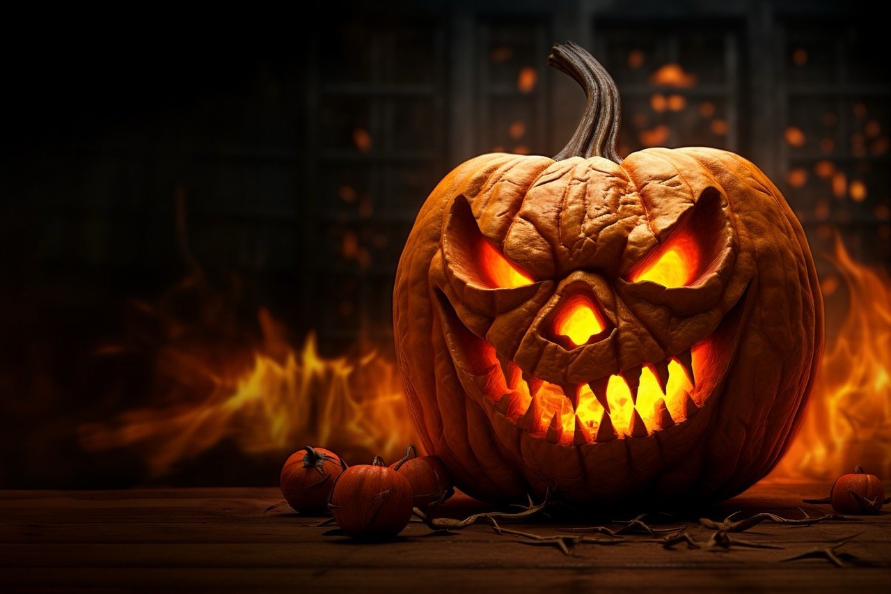 A Halloween stock photo with a spooky vibe, thanks to a carved pumpkin jack-o’-lantern