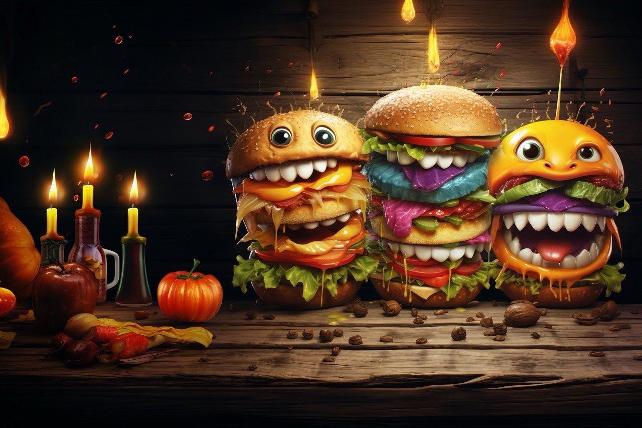 A Halloween-themed burger with a playful and fictional monster character, complete with various items