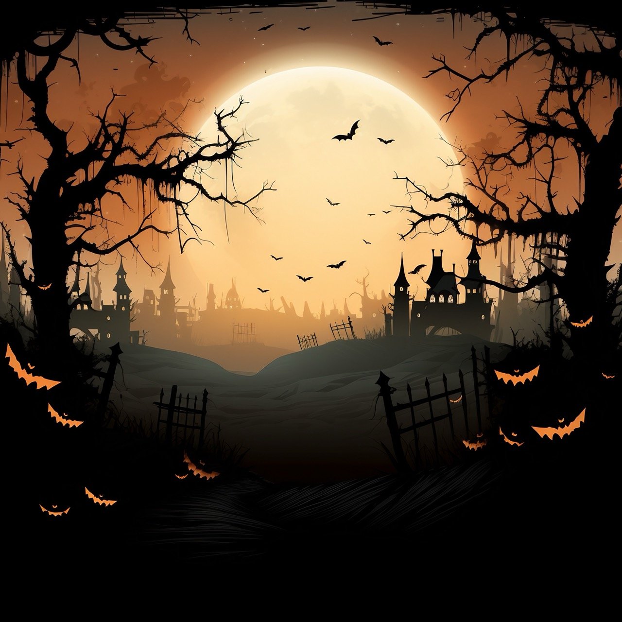 A Halloween-themed frame in silhouette style, enhanced with spooky elements and various accompanying items