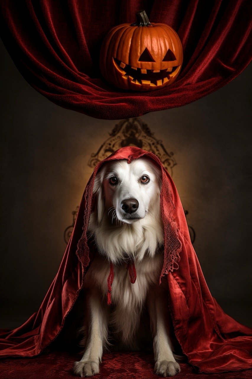 A Halloween-themed stock photo with a dog in a vampire costume