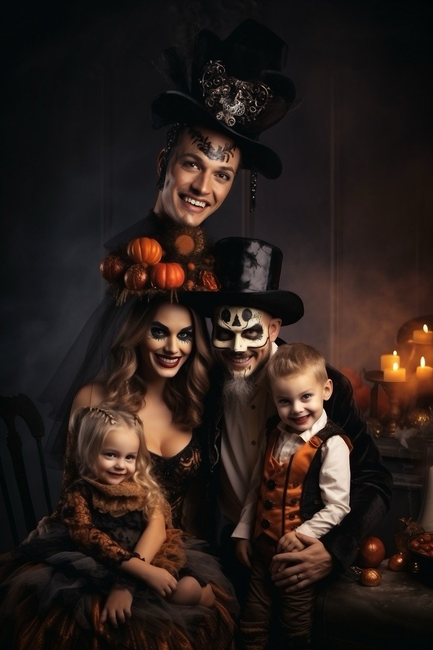 A happy family with mom, dad, and kids all wearing costumes