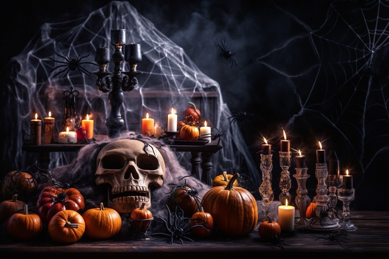 A haunted Halloween house adorned with eerie decorations and various horror-themed items