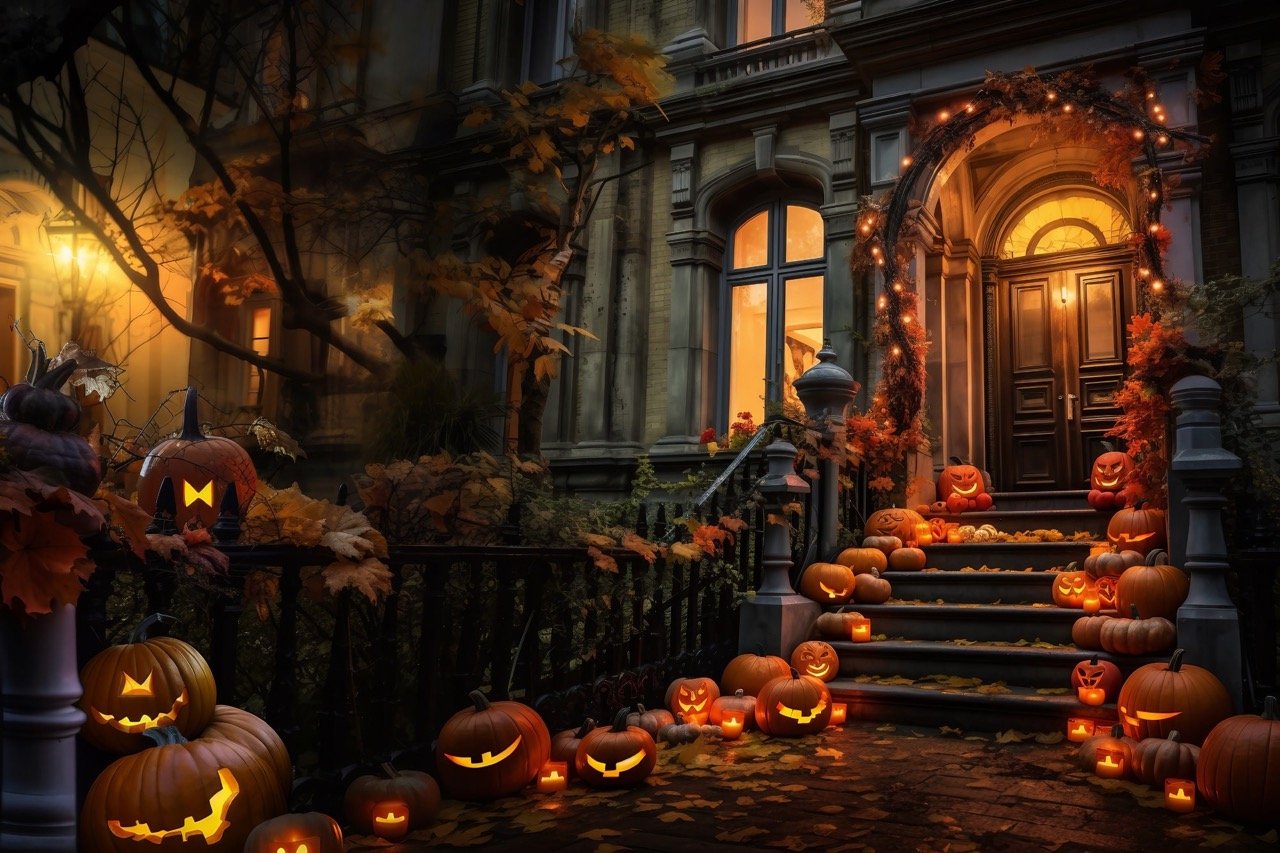 A house outdoors adorned with Halloween decorations and lighting equipment-min