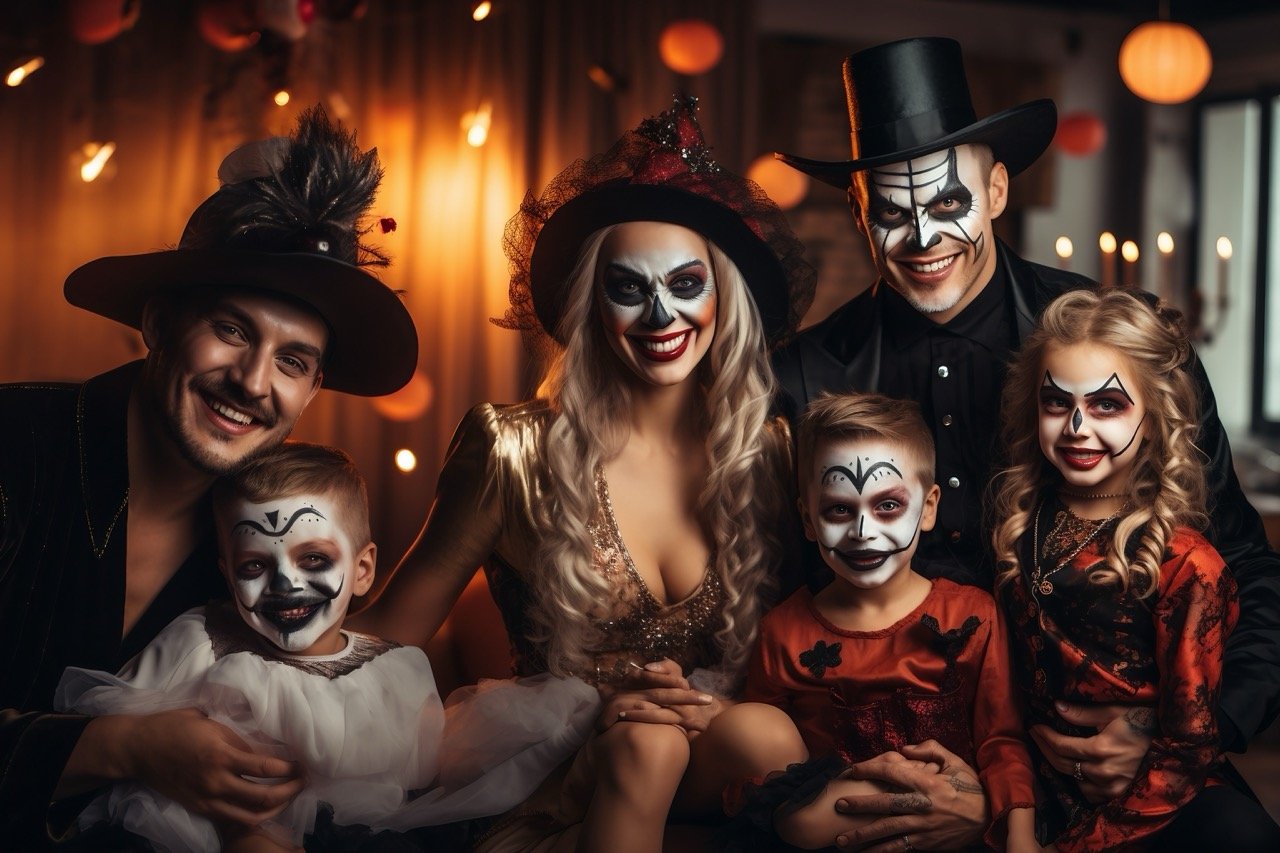 A joyful family consisting of parents and children dressed in costumes