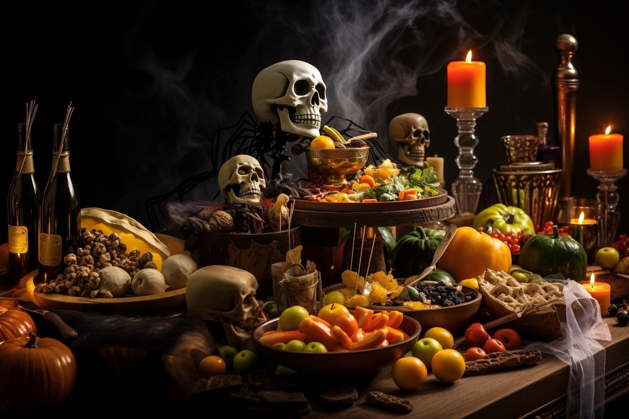 A social event table set with traditional festival food for Halloween