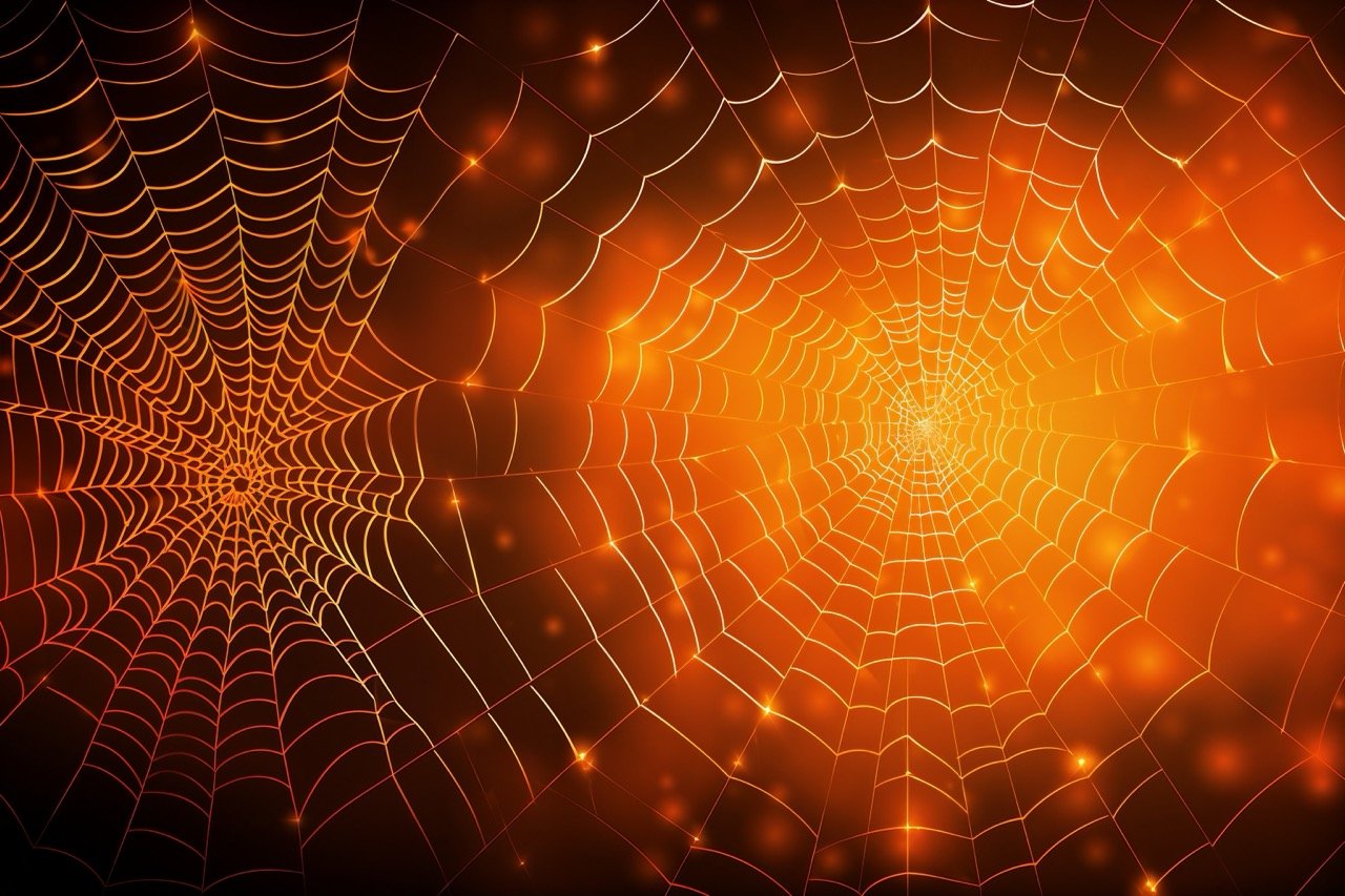 A stock illustration featuring an orange Halloween wall with spider web details in a vector background