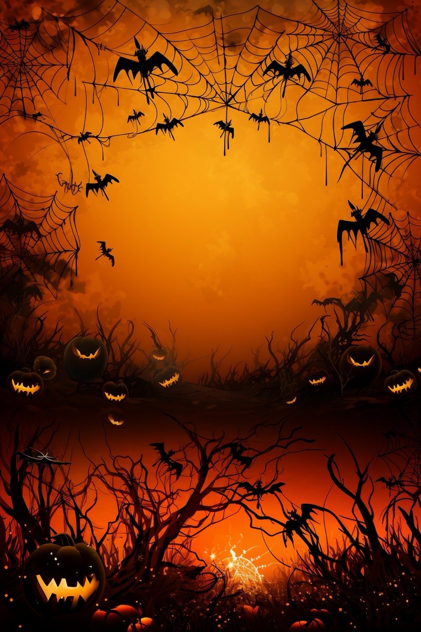 A stock illustration of a Halloween-themed vector background in orange with spider web details