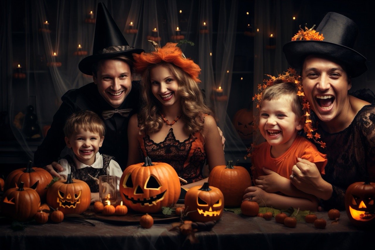 A stock image capturing a family’s Halloween celebration