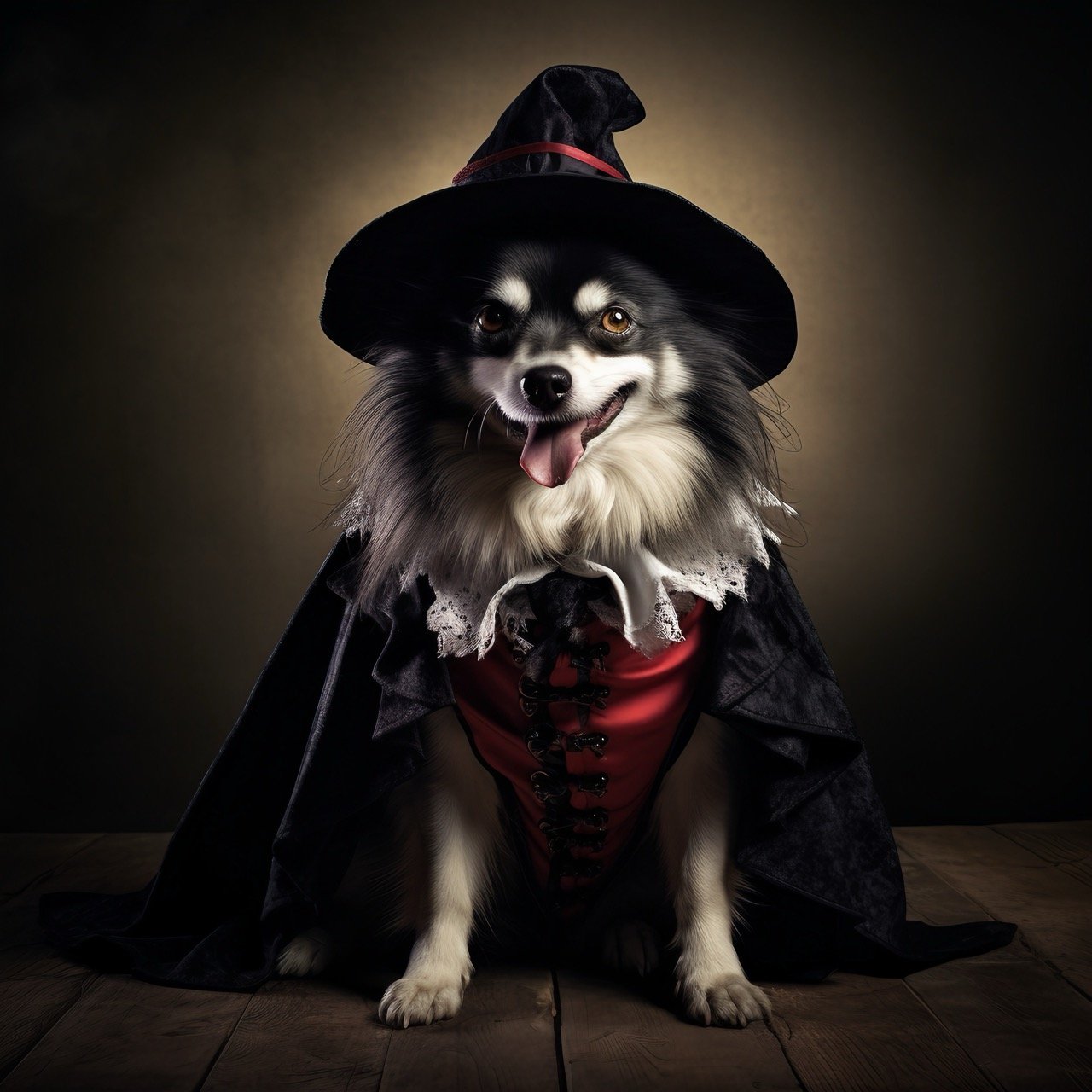 A stock photo featuring a canine dressed as a Halloween vampire