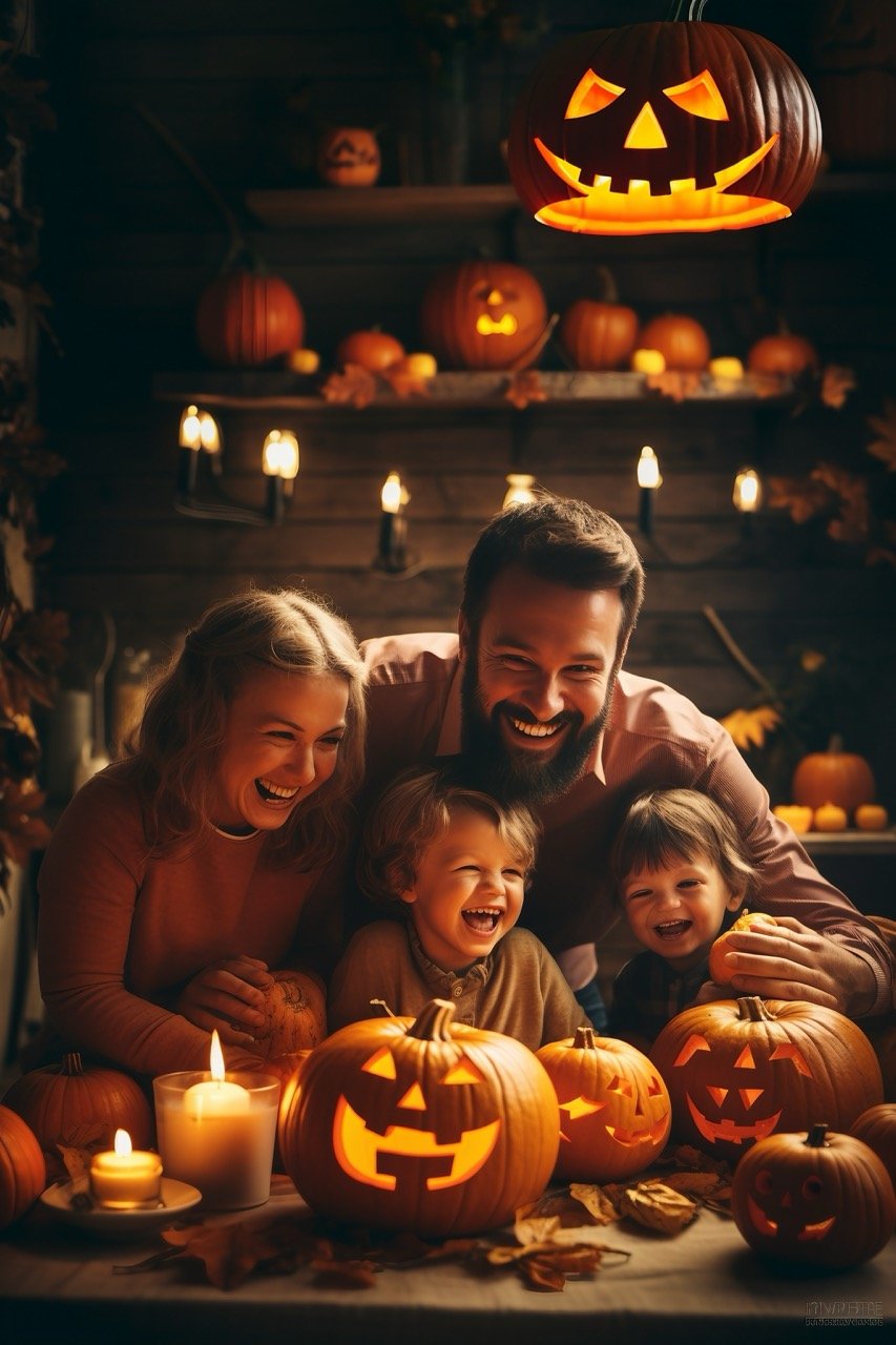 A stock photograph of a family in the midst of Halloween festivities