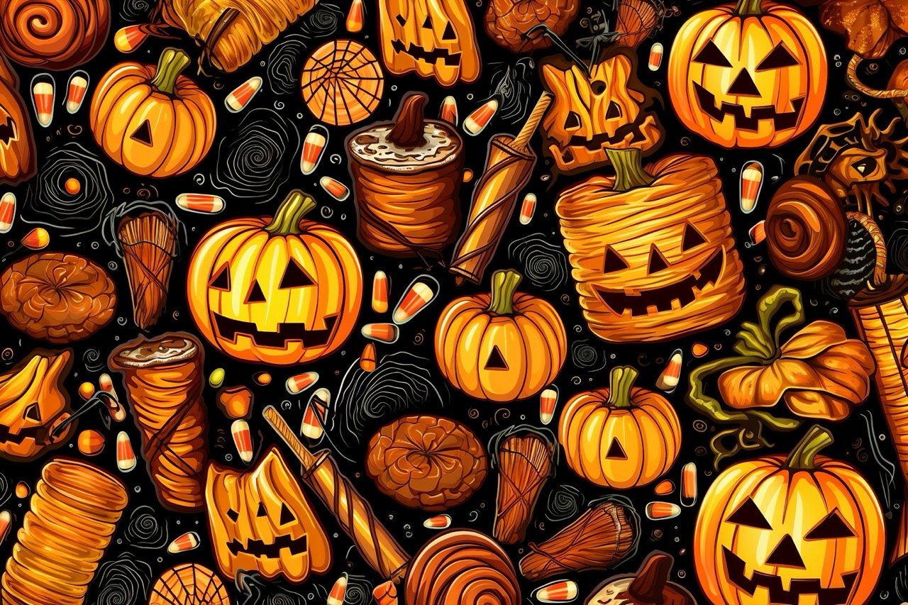 An illustration in stock displaying a festive and orange seamless Halloween pattern