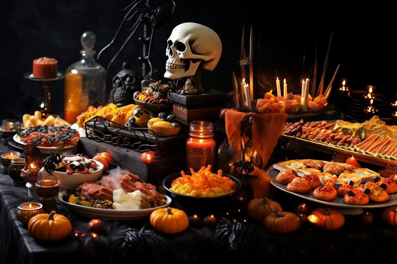 At the party table for a social Halloween event, traditional festival food is laid out