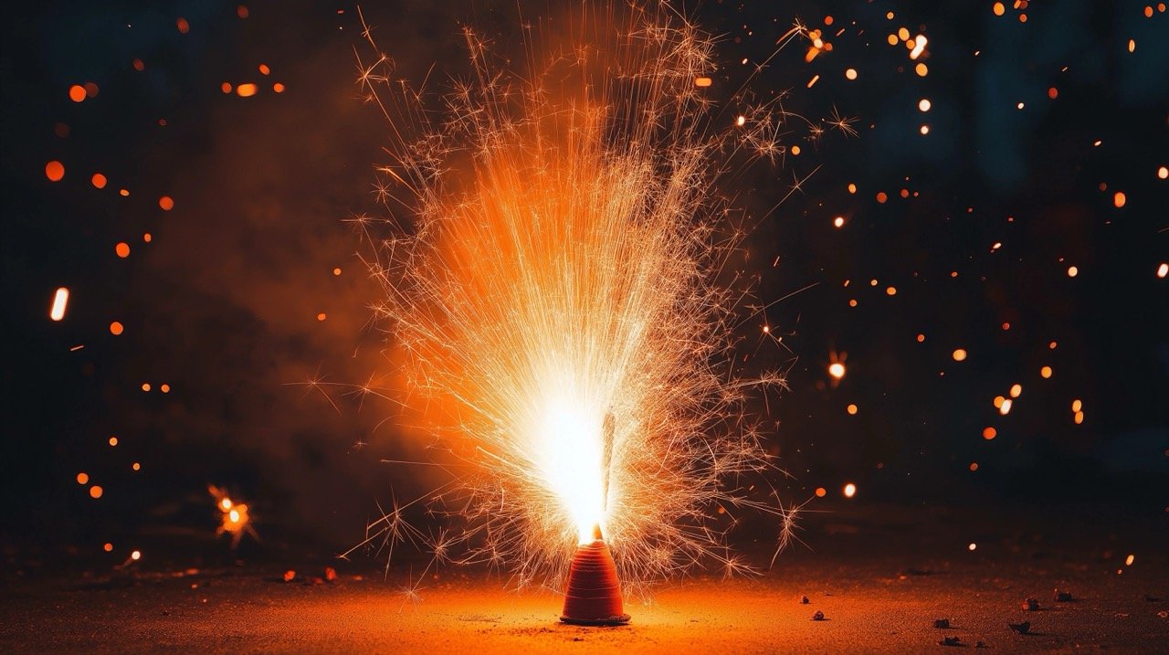 Bright Sparks from Fireworks Lighting Up the Night Sky During Diwali Celebrations in India