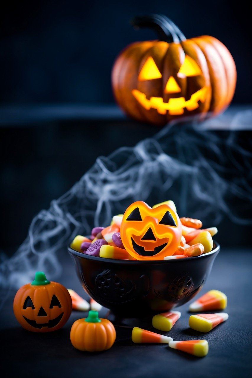 Celebrating a joyful Halloween day with ghost-shaped candies