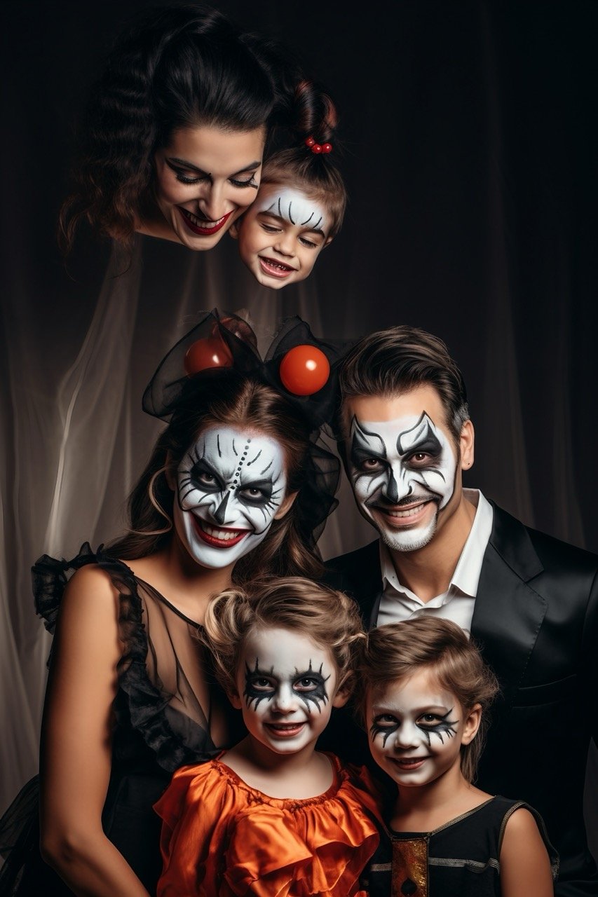 Costume-clad mother, father, and kids, creating a cheerful family