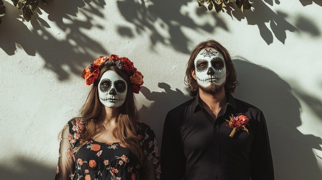 Couple with Skull Face Paint Posing by White Wall – Halloween-Themed Images from Denver Botanic Gardens