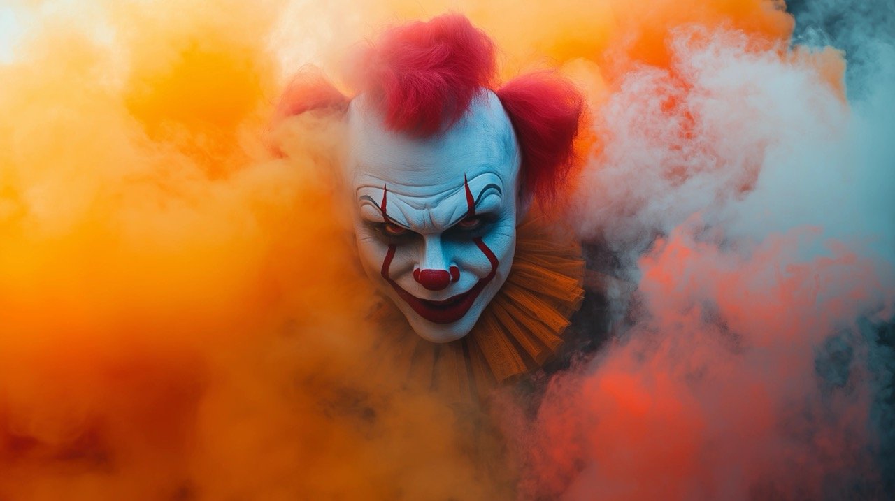 Creepy Clown Surrounded by Fog – Halloween Scare Images with Smoke Backgrounds and Grunge Gothic Vibes