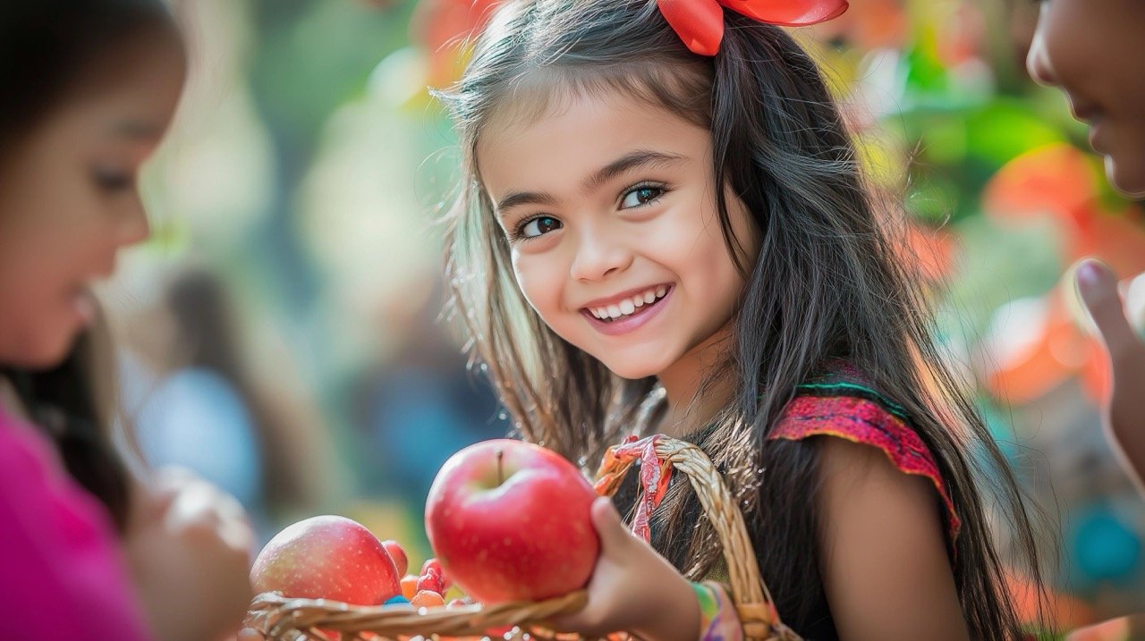 Cute Halloween Girl with Long Hair Holding Basket of Treats, Friend Holding Red Apple – Trick or Treat