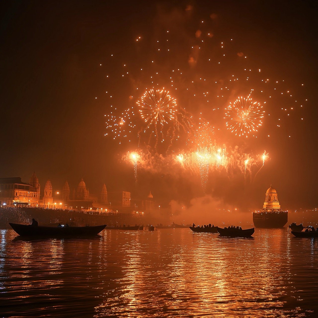 Fireworks Display over Varanasi Ghats Celebrating Dev Diwali Festival by the Sacred Ganges