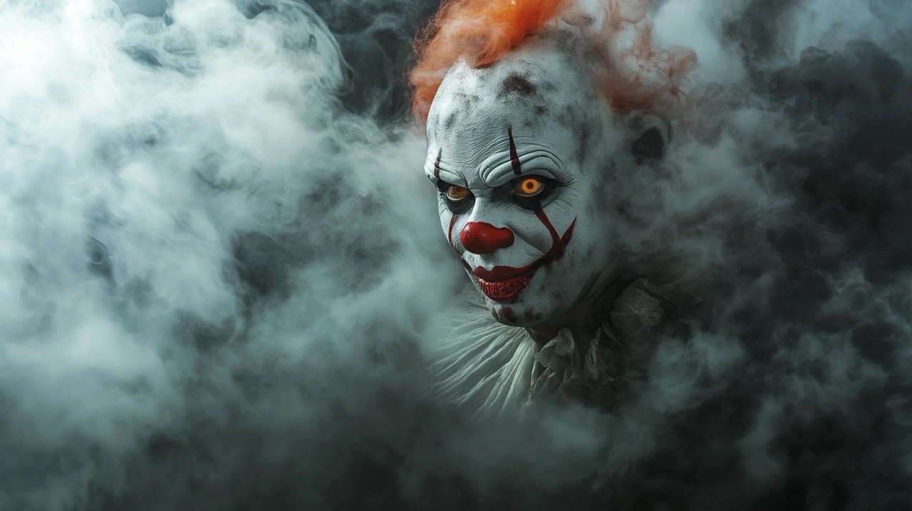 Fog Surrounding Scary Clown Costume – Creepy Halloween Images with Smoke Backgrounds and Gothic Horror Elements