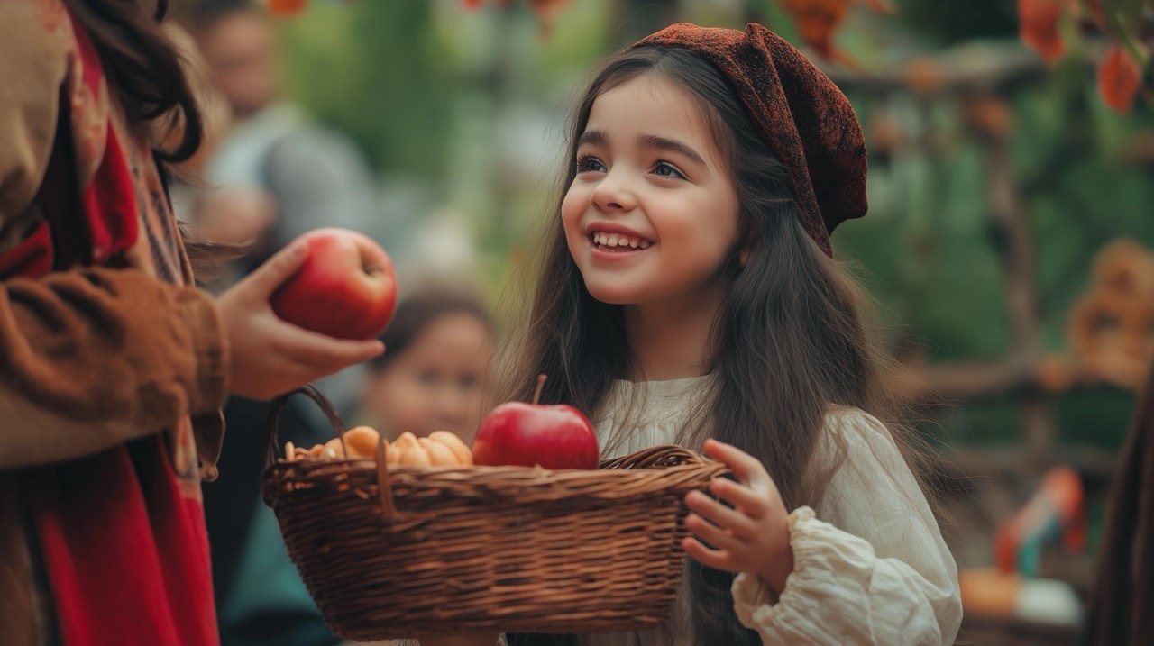 Halloween Girl with Basket of Treats, Friend Showing Red Apple – Smiling Trick or Treat Fun