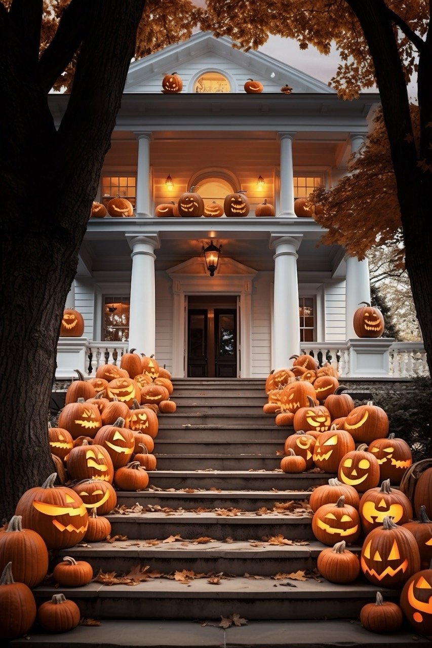 Halloween home decor adorns the house, including the porch