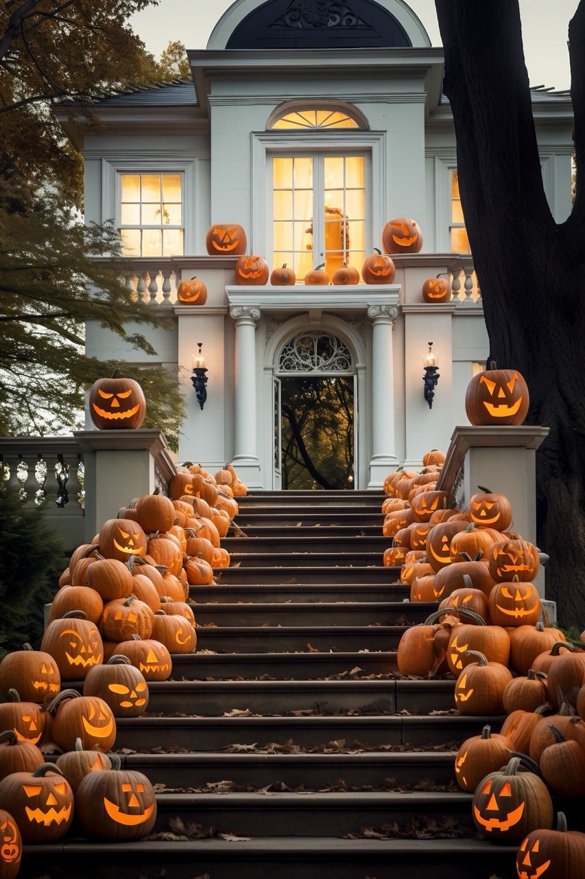 In preparation for Halloween, the house and porch are adorned with seasonal home decor