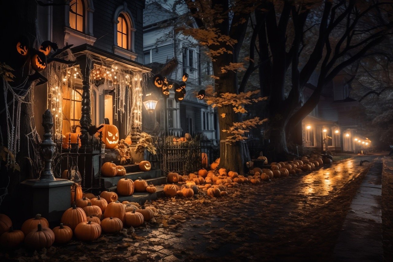 In the outdoor setting, Halloween decorations and lighting equipment adorn the house-min