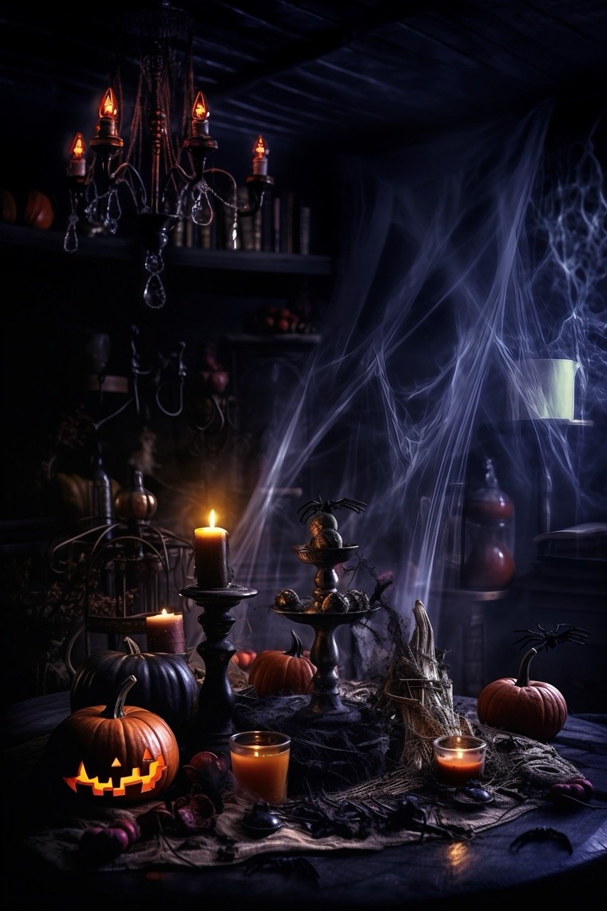 In this spooky Halloween image, a house is decorated with eerie items, creating a horror-themed atmosphere