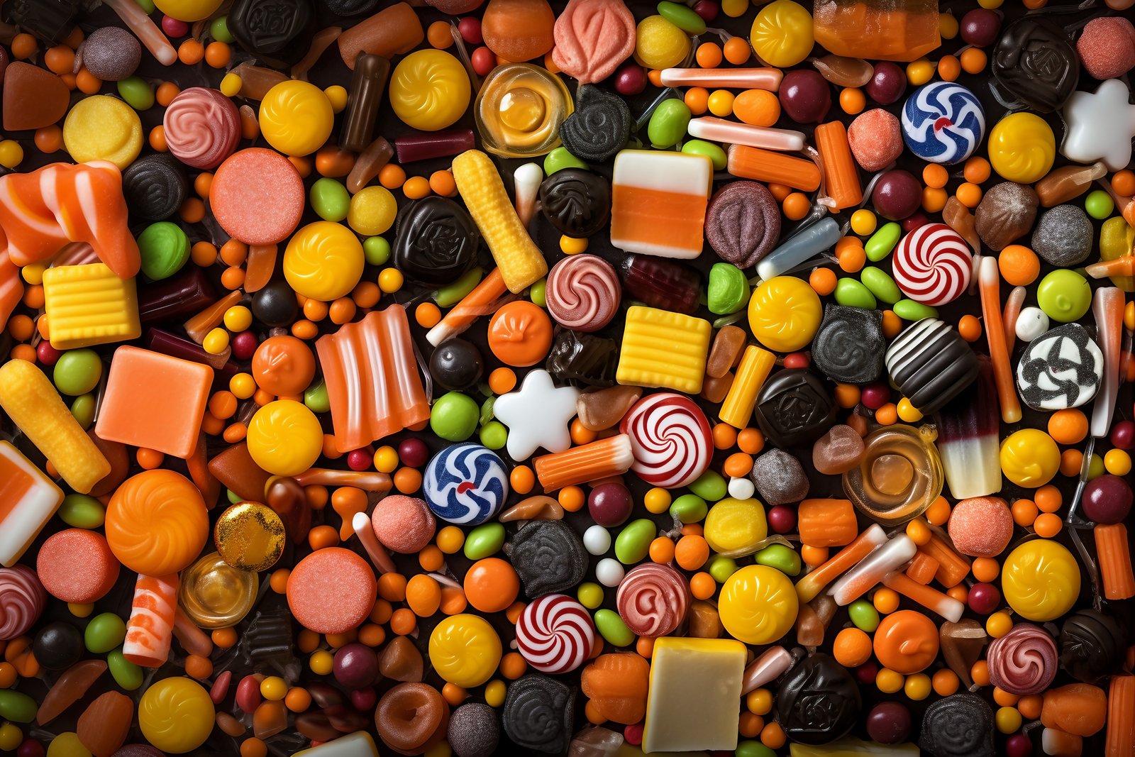 In this stock photo, a diverse selection of Halloween candies forms the background