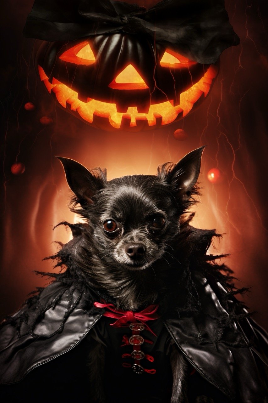 In this stock photo, a dog is hilariously transformed into a Halloween vampire