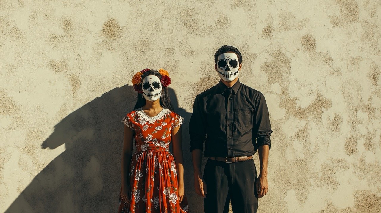 Man and Woman with Skull Face Paint Standing by White Wall – Halloween Portrait Images and Pictures