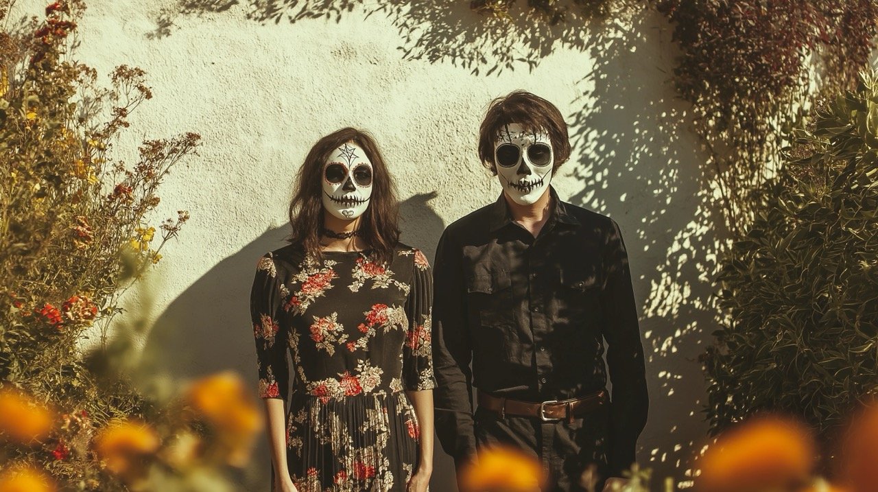 Man and Woman with Skull Makeup by White Wall – Haunting Halloween Portraits and Pictures from Denver