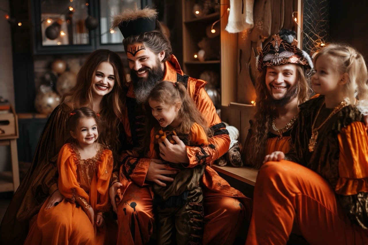 Parents and children in attire, forming a contented family unit