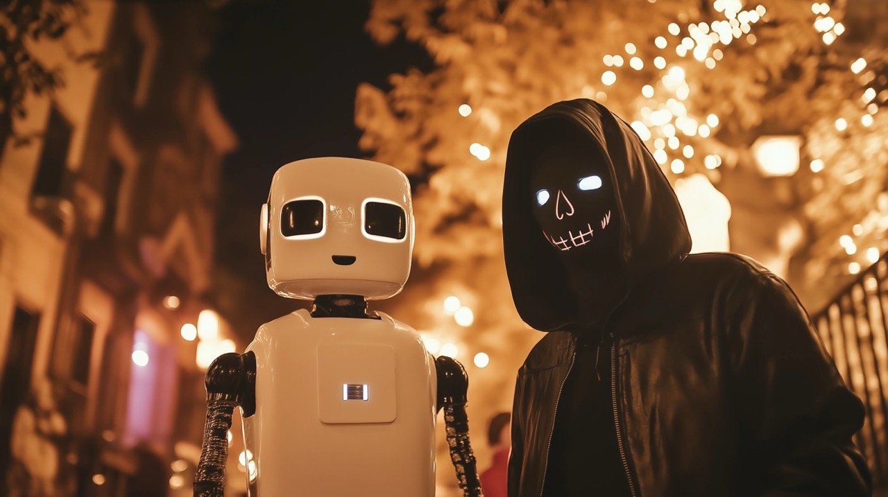 Person in White Mask Standing Next to Robot for Halloween – Trick-or-Treat Skeleton Images in Manhattan