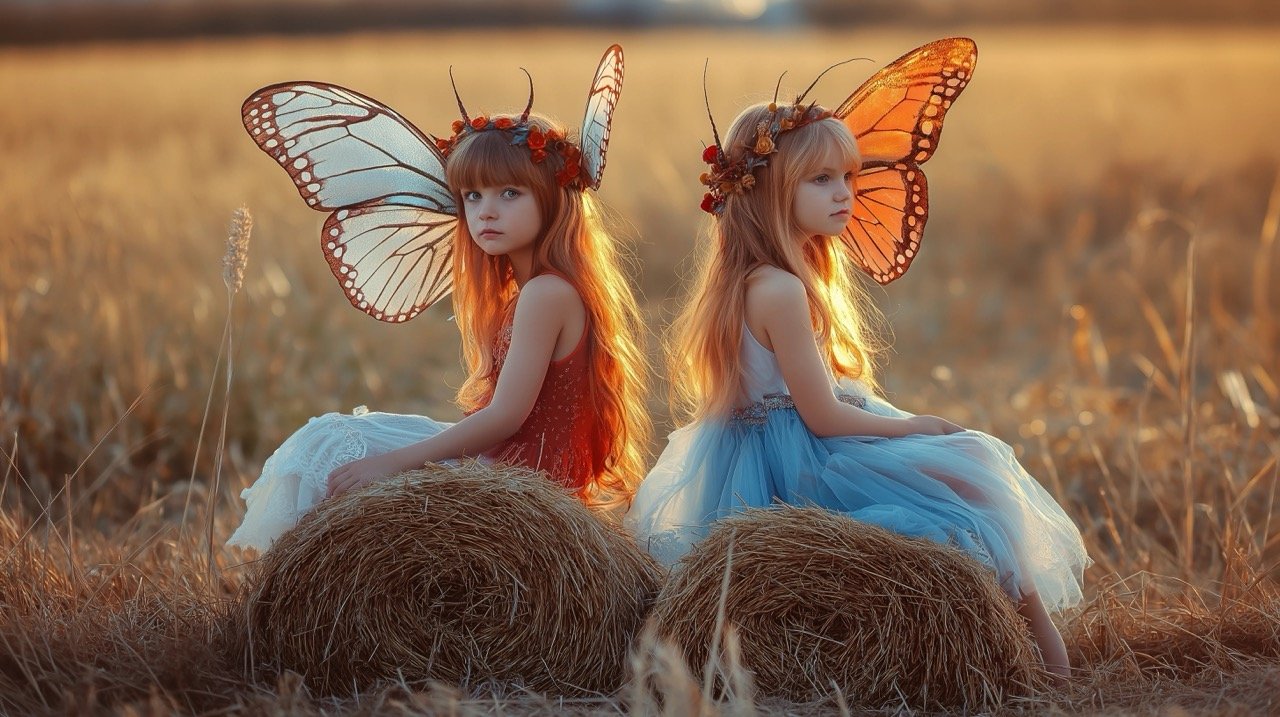 Redhead and Friend in Halloween Fairy Costumes Sitting on Hay Bales – Autumn-Themed Portrait for HD Wallpapers