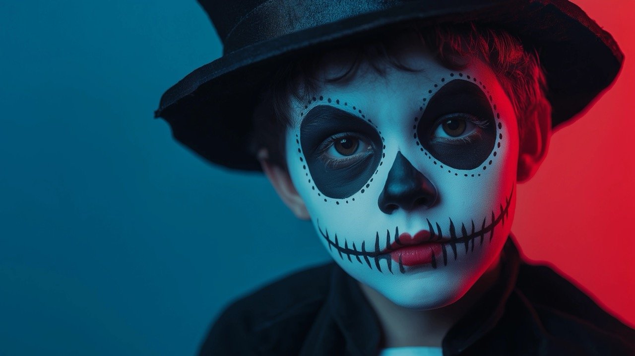 Spooky Boy in Skeleton Costume with Black Hat – Halloween Face Paint and Horror-Themed Portrait Photography