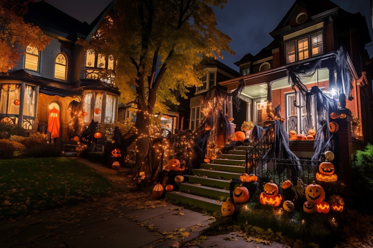 Spooky Halloween decor transforms both the house and its yard