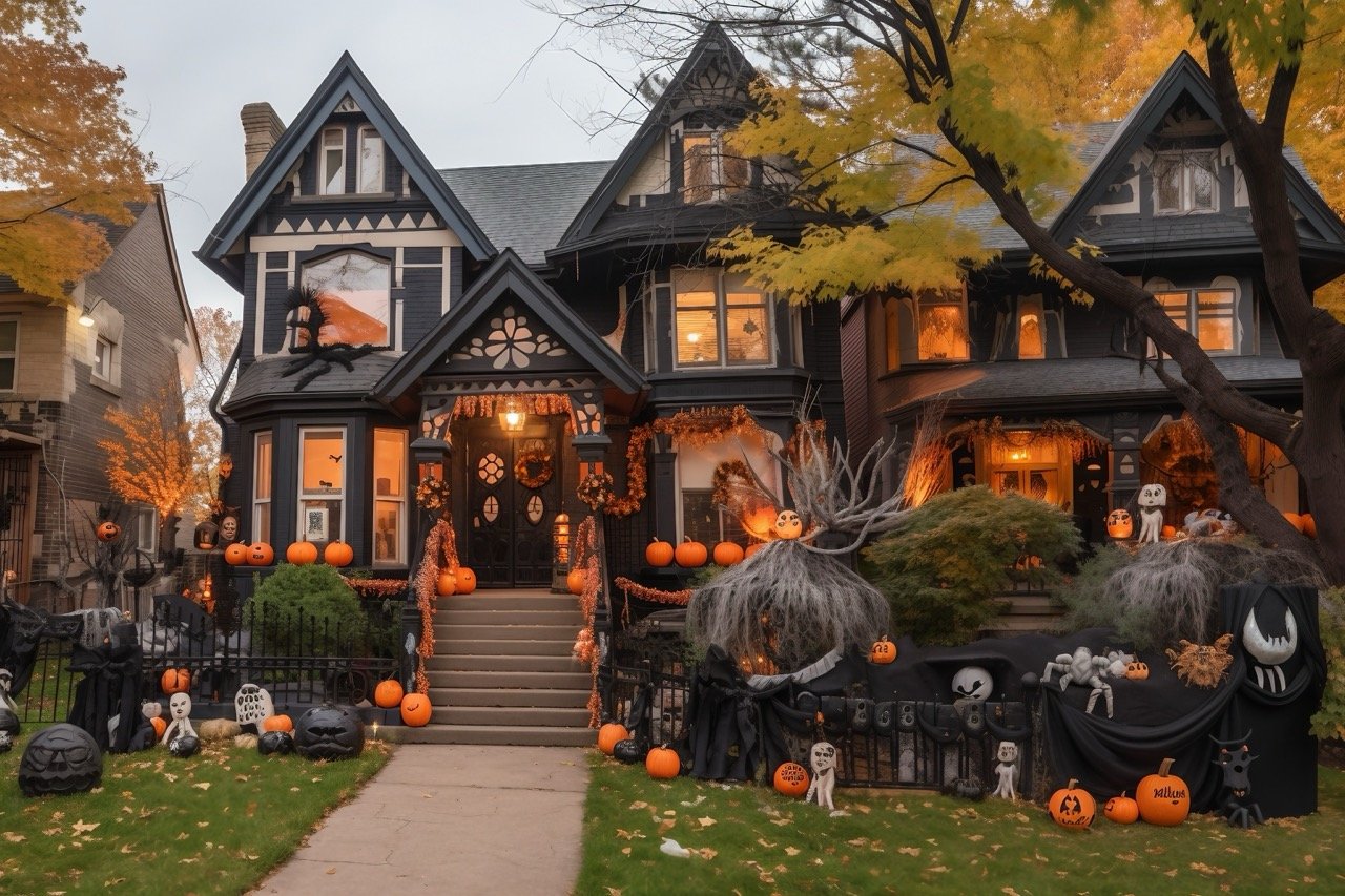 The house and its grounds are adorned with spooky Halloween decorations