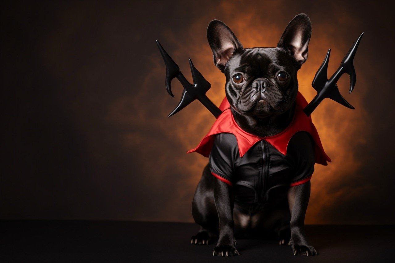 This snapshot captures the delightful humor in pets wearing devil costumes