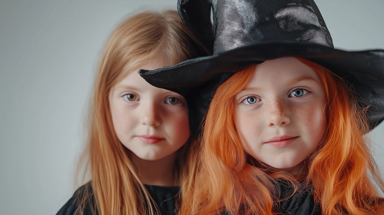 Two Girls Dressed as Witches with Hats and Brooms – Fun Halloween Studio Portrait of Friends