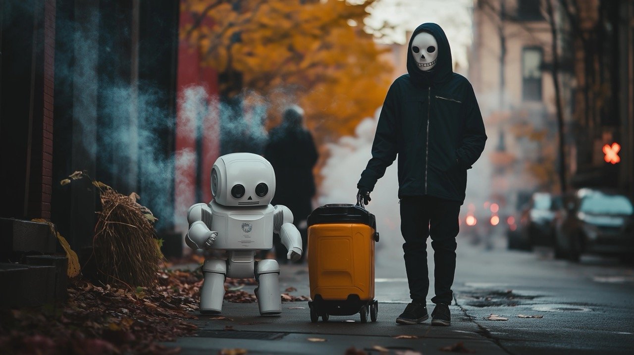 White Masked Individual Next to Skeleton Robot – Halloween Decorations and Ghostly Backgrounds in Manhattan, NY