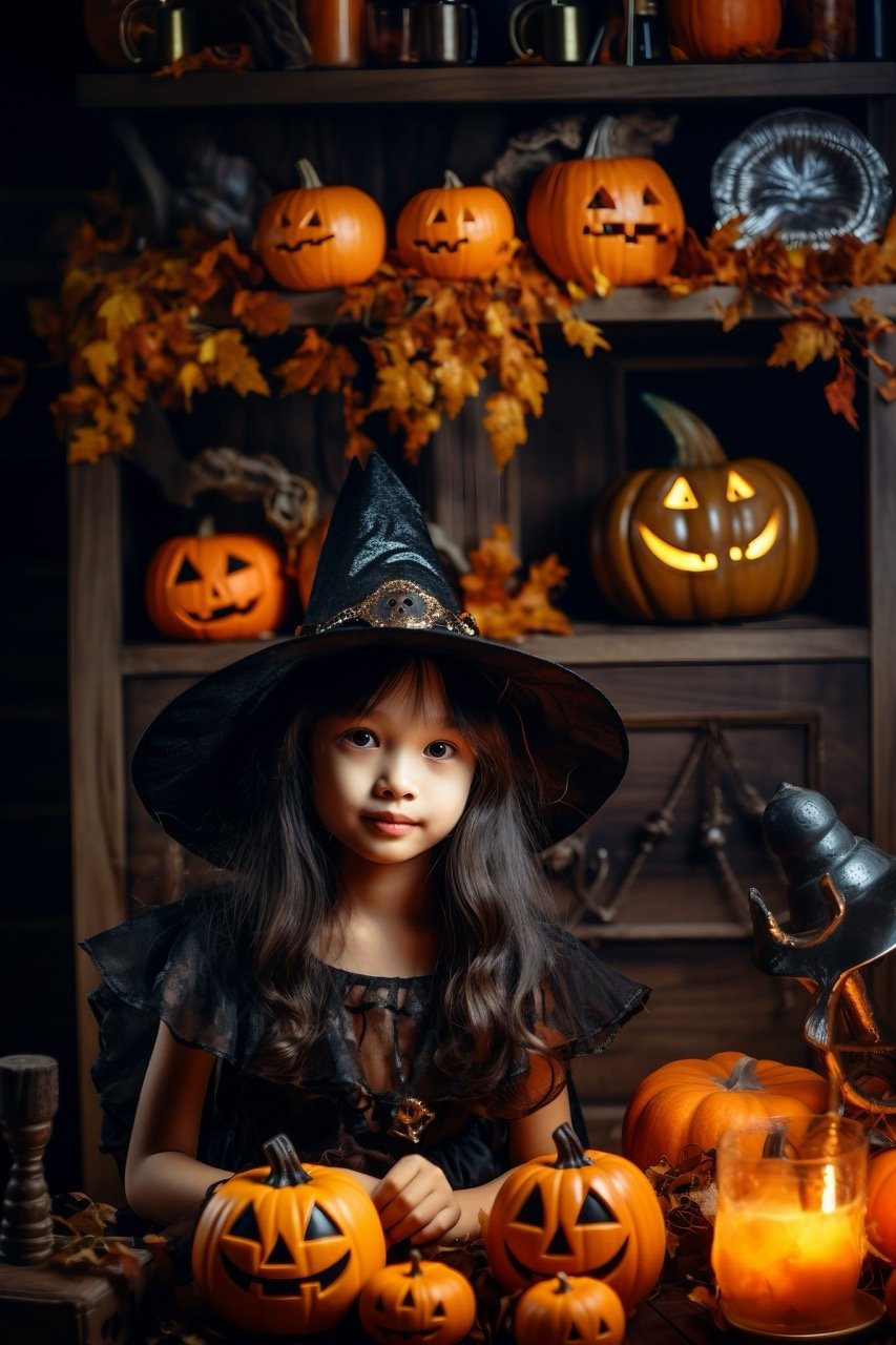 Young girls in witch costumes celebrating Halloween