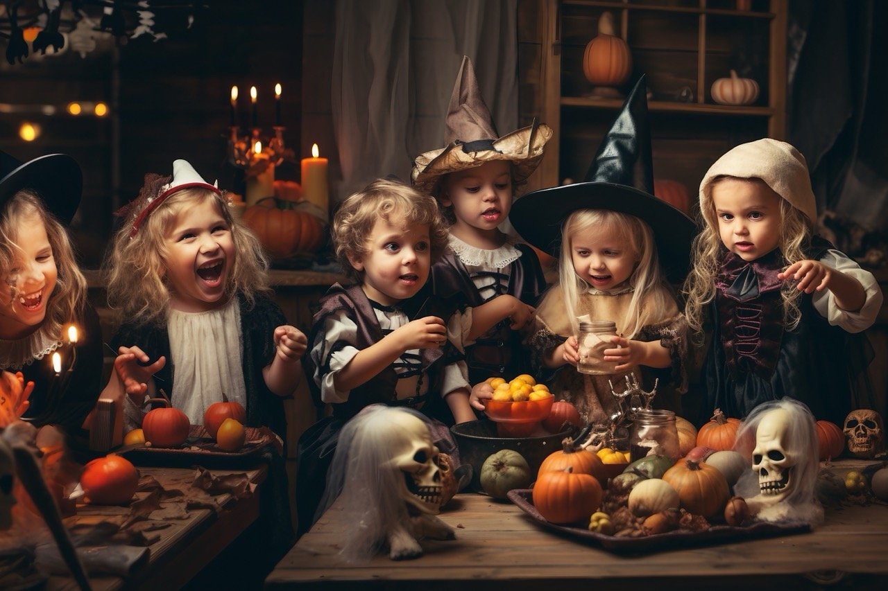 Young kids having a great time in a Halloween party stock photo