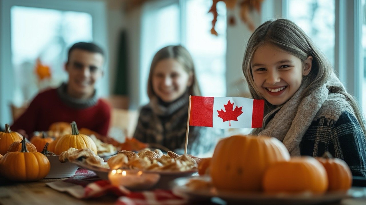 Canadian Flag on Thanksgiving Table as Family Celebrates with Traditional Meal and Festive Decor