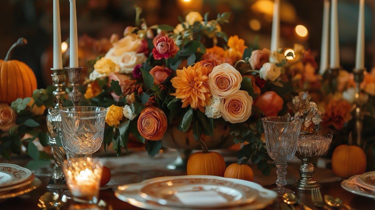 Elegant Thanksgiving Dining Floral Centerpiece and Festive Table Setting for a Memorable Holiday Feast